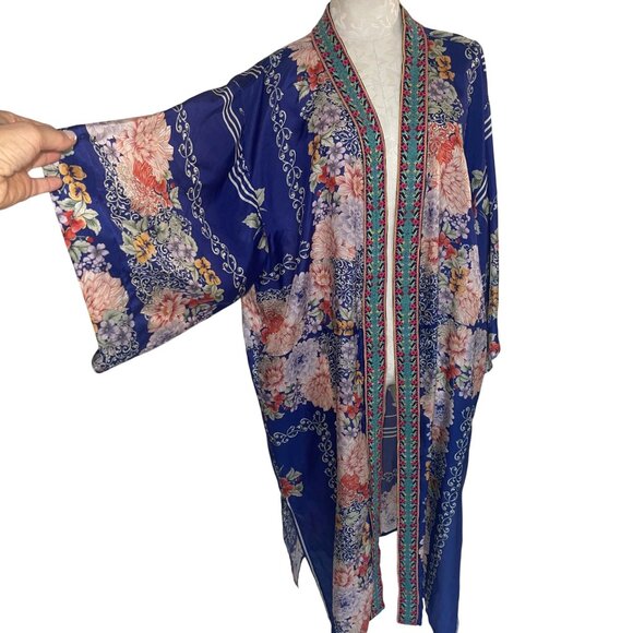 Johnny Was Womens Kimono Size XL Multicolor Blati Floral Side Slits Pure Silk - Picture 5 of 15